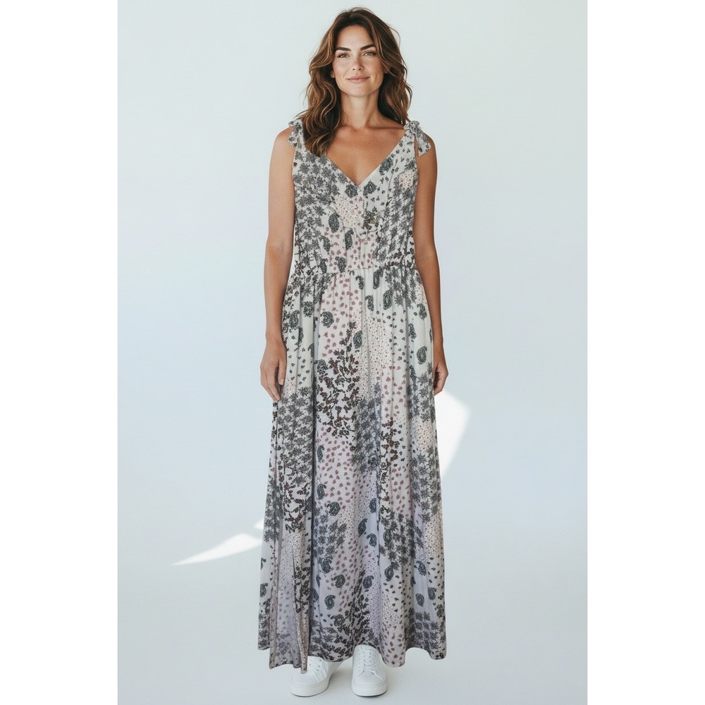 Maurices Floral Paisley Patchwork Ruffle Maxi Dress Medium Tie Shoulder Cream